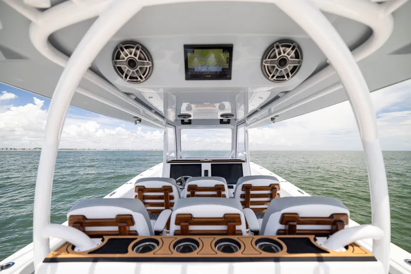 Slide: The Image of 2026 Front Runner 43 Catamaran interior with seating and ocean view. - 35
