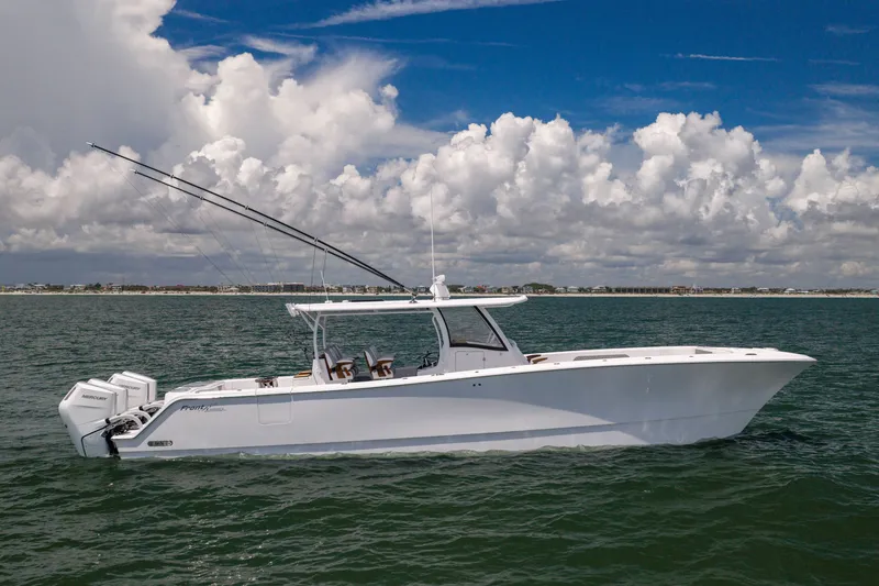 The Image of 2026 Front Runner 43 Catamaran on open water under cloudy sky. - 1