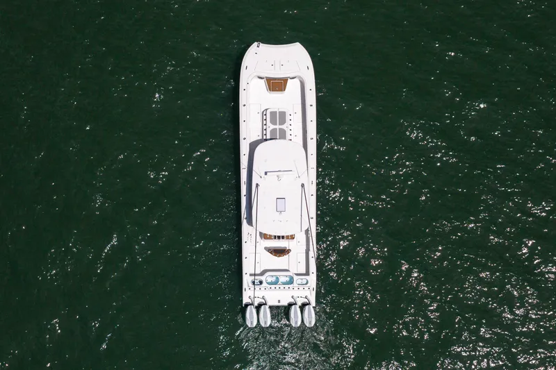 Slide: The Image of Aerial view of 2026 Front Runner 43 Catamaran on open water. - 7