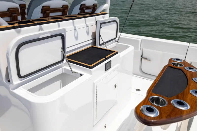 Slide: The Image of Luxurious 2026 Front Runner 43 Catamaran with sleek fishing station and rod holders. - 45