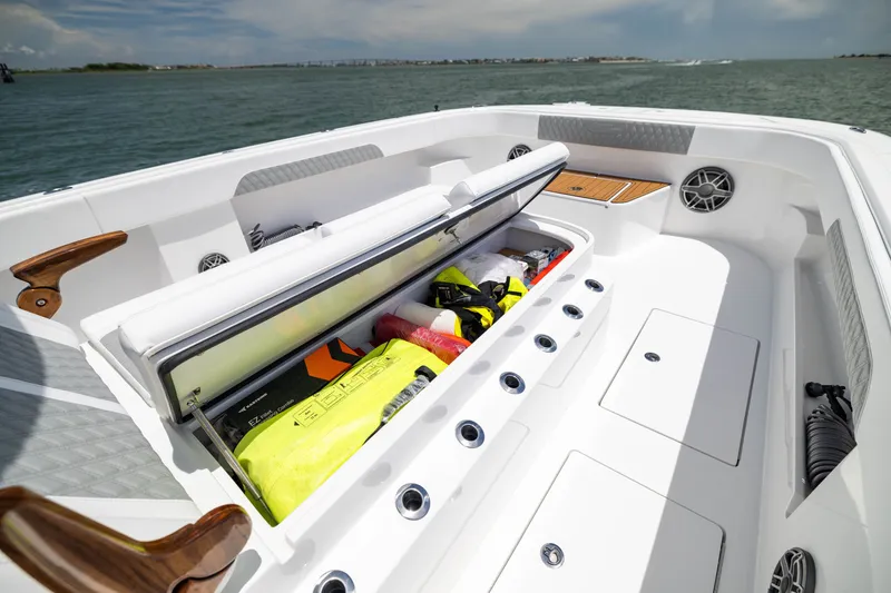 Slide: The Image of Front Runner 43 Catamaran 2026 with open storage compartment on deck. - 17