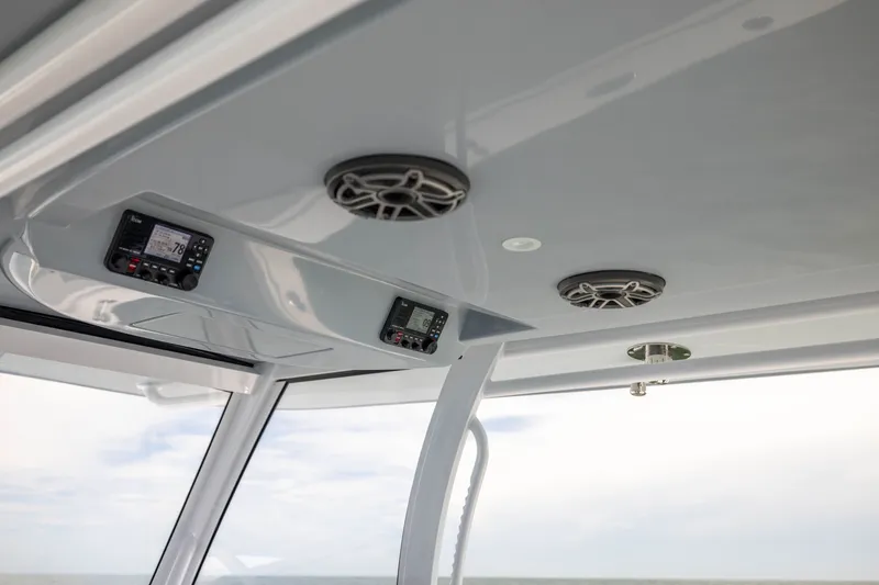 Slide: The Image of Ceiling view of 2026 Front Runner 43 Catamaran with speakers and control panels. - 40