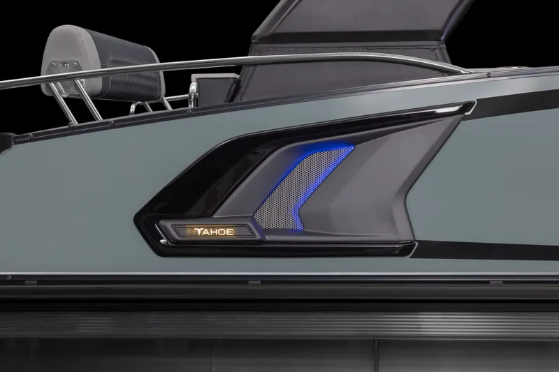 Slide: The Image of 2026 Tahoe Pontoon Grand Tahoe LTD Cruise Rear Bench, sleek design with illuminated accents. - 15