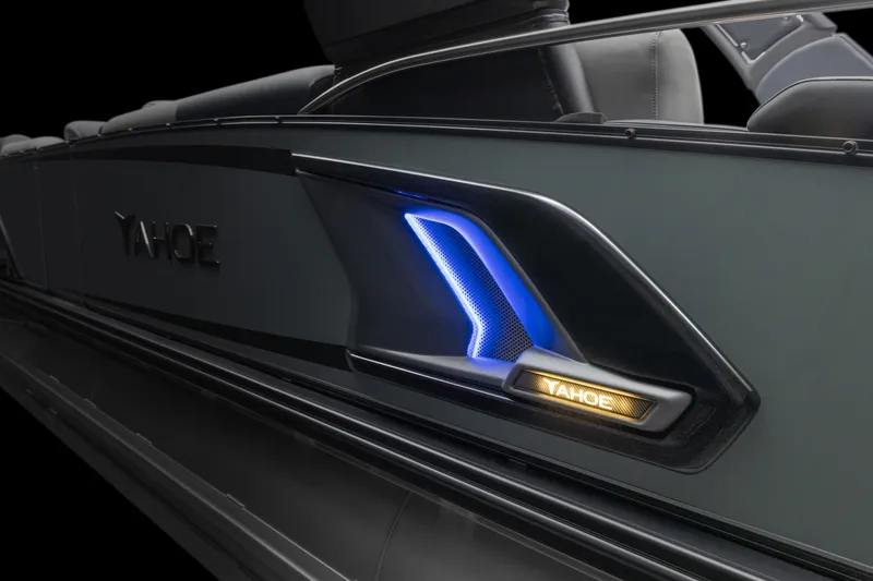 Slide: The Image of 2026 Tahoe Pontoon Grand Tahoe LTD Cruise Rear Bench with illuminated side detail. - 14
