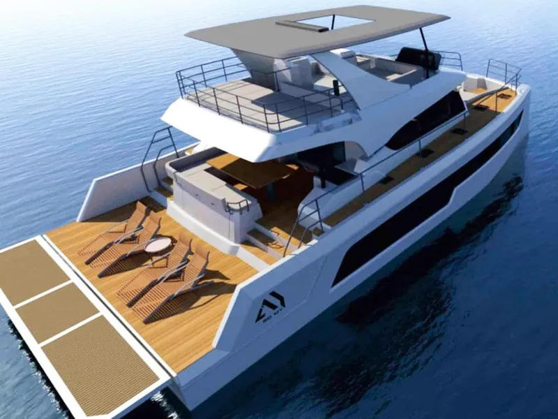 Slide: The Image of Aventura 56 Motor Yacht 2025 on calm water, featuring spacious deck and modern design. - 25