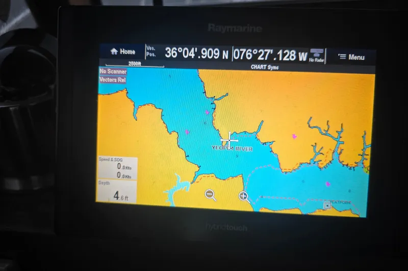 Slide: The Image of Raymarine navigation display showing Yeopim River map on Atlantic 30 LRC, 1983 model. - 22