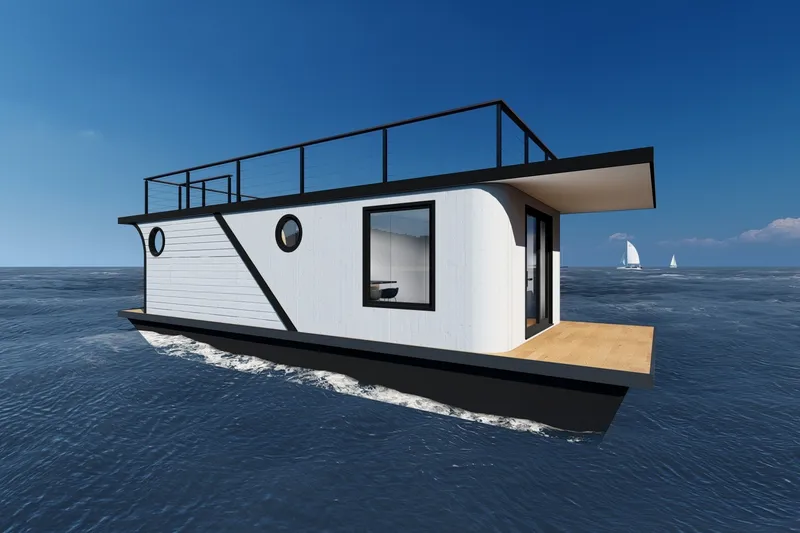 The Image of Modern 2026 East Coast Houseboats Cayuga model on open water, featuring sleek design and spacious deck. - 1