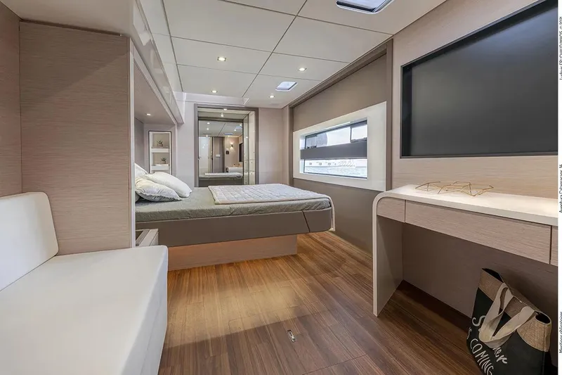 Slide: The Image of Luxurious interior of 2026 Aventura 56 Motor Yacht with modern bedroom design. - 18