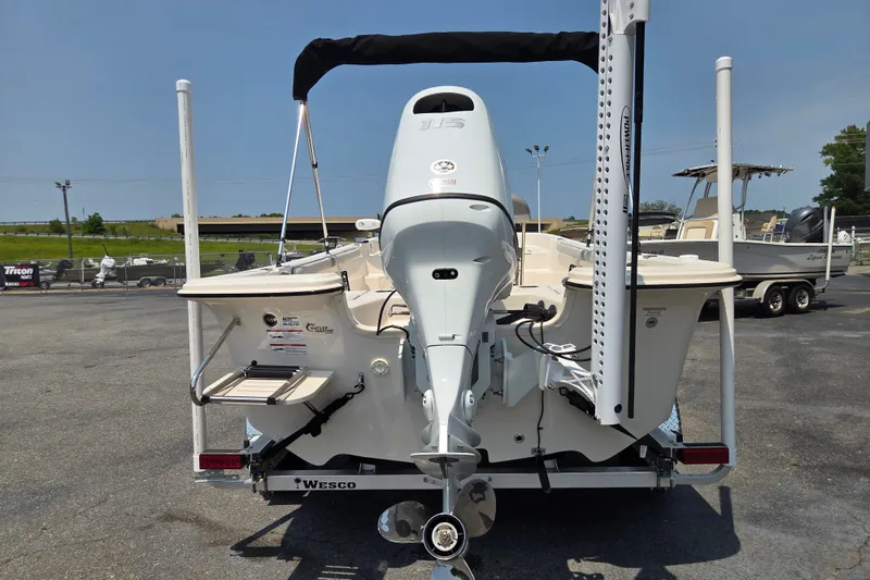 Slide: The Image of 2024 Carolina Skiff 19 LS boat, rear view, on trailer in outdoor setting. - 3
