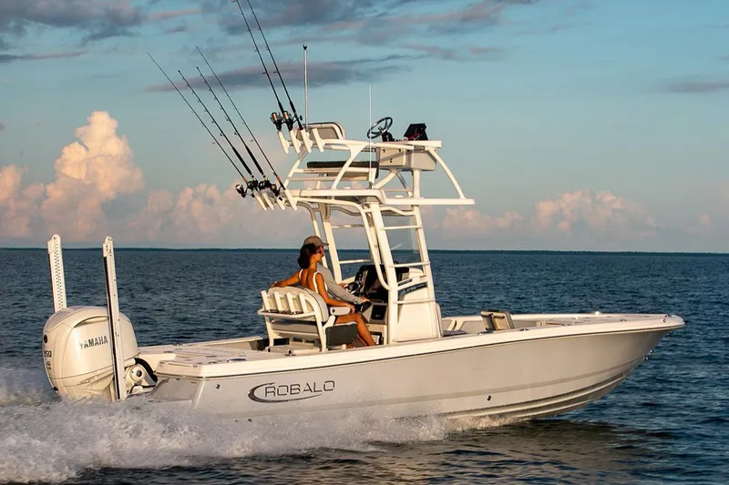 The Image of Manufacturer Provided Image: 2026 Robalo 246 Cayman SD boat cruising on open water at sunset. - 1
