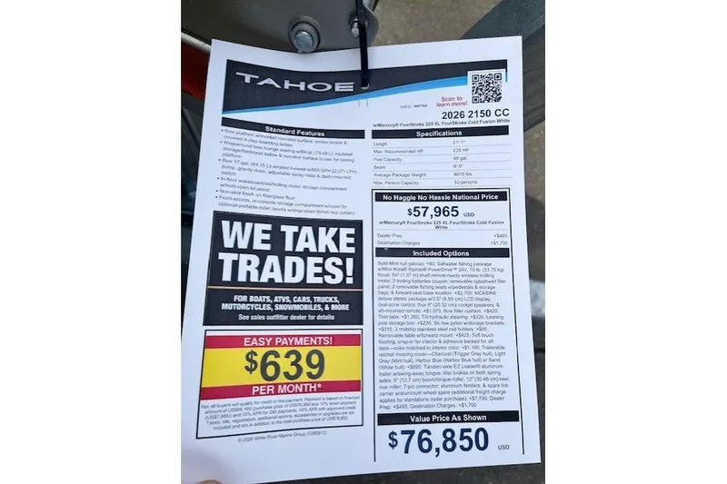 Slide: The Image of 2026 Tahoe 2150 CC boat pricing sheet with trade-in options and monthly payment details. - 9