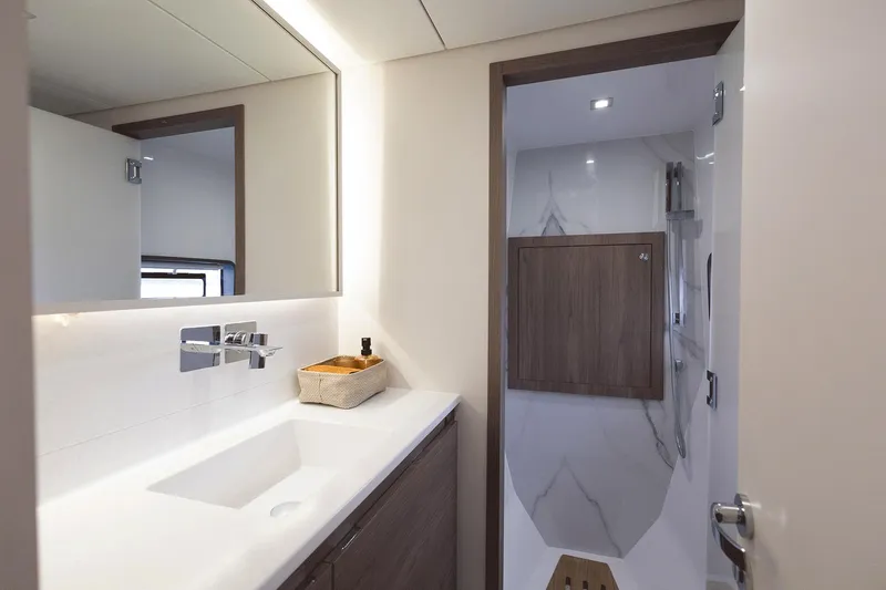 Slide: The Image of Luxurious bathroom in 2026 Aventura 38 Motor Yacht with modern fixtures and elegant design. - 22