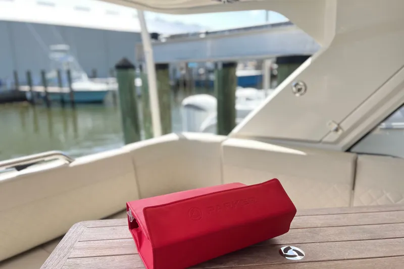 Slide: The Image of Red bag on Skamander 100 Sorrento yacht, dockside view, 2024 model. - 182