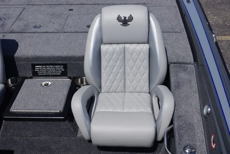 Slide: The Image of Gray leather seat in 2027 Phoenix 721 ZXL boat, featuring diamond stitching and logo. - 6