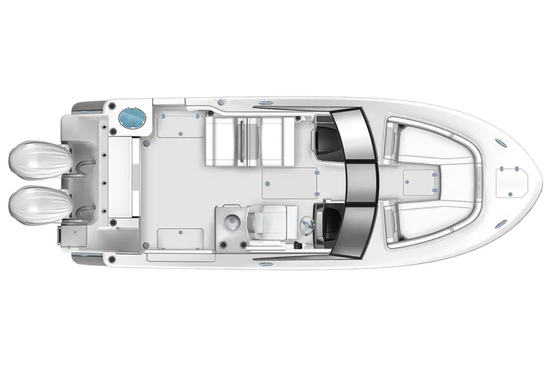 Slide: The Image of Manufacturer Provided Image: 2025 Robalo R257 Dual Console boat layout, top view, featuring dual engines and spacious seating. - 9