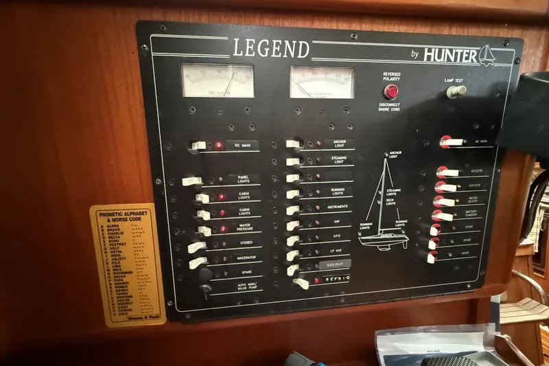 Slide: The Image of Electrical control panel of a 1996 Hunter Legend 37.5 sailboat with switches and gauges. - 18