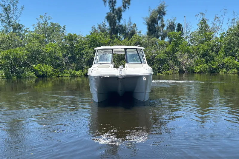 Slide: The Image of 2027 World Cat 325 DC boat on calm water, surrounded by lush greenery. - 2