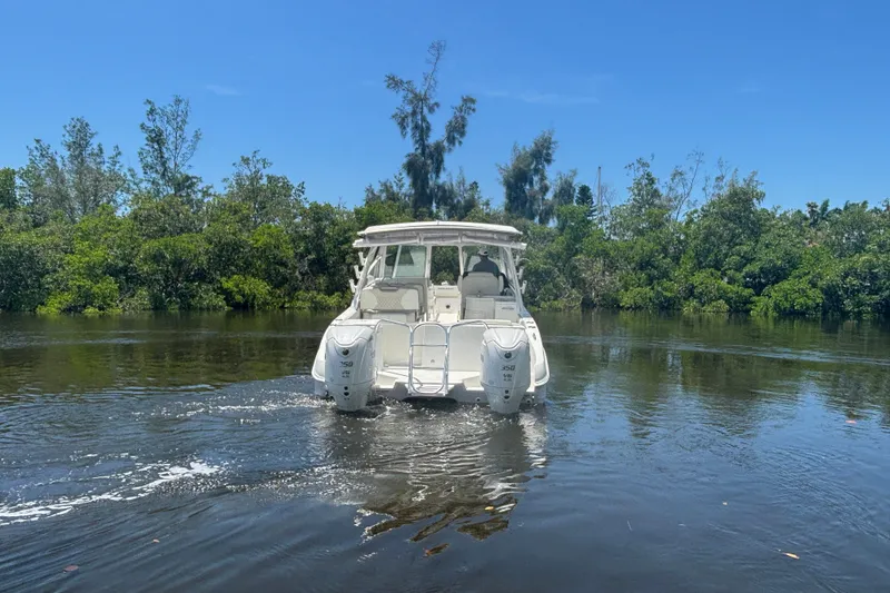 Slide: The Image of World Cat 325 DC 2027 boat cruising on a calm river with lush greenery. - 6