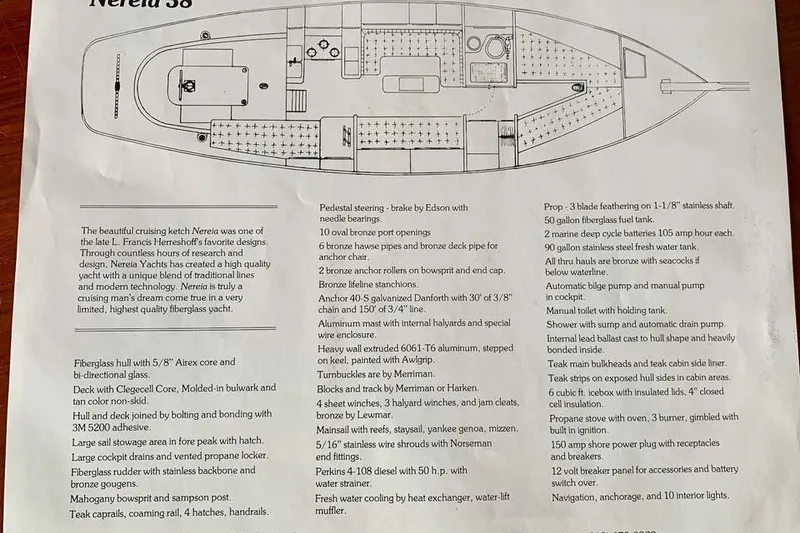 Slide: The Image of Nereia Yachts 38 (1985) brochure with detailed specifications and layout diagram. - 18