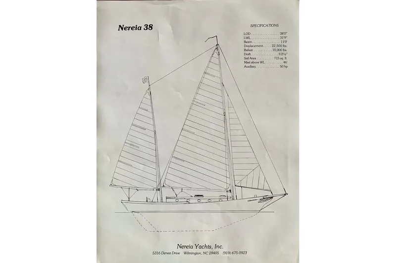Slide: The Image of Line drawing of 1985 Nereia Yachts 38 sailboat with specifications. - 19