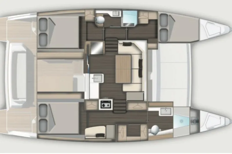 Slide: The Image of 2025 Aventura 37 Trawler interior layout with cabins, kitchen, and seating area. - 23