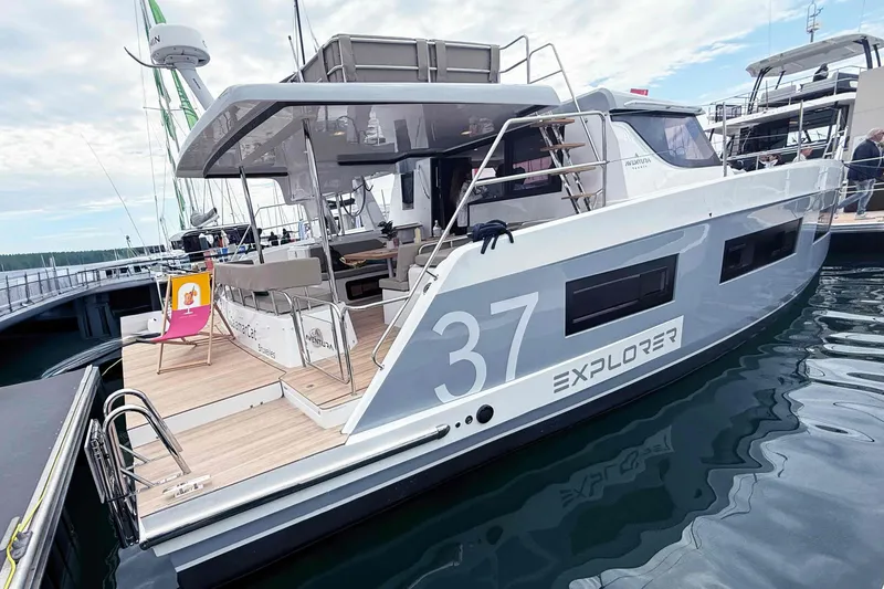 The Image of Aventura 37 Explorer Trawler 2026 docked, showcasing sleek design and modern features. - 2
