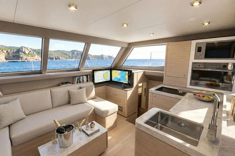 Slide: The Image of Luxurious interior of 2025 Aventura 37 Trawler with modern kitchen and scenic ocean view. - 8