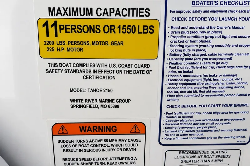 Slide: The Image of 2022 Tahoe 2150 boat capacity label, 11 persons or 1550 lbs, safety checklist included. - 47