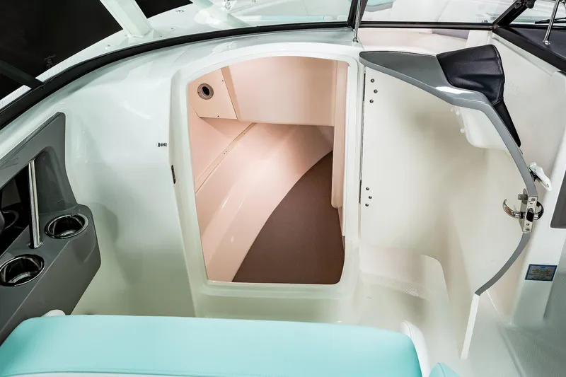 Slide: The Image of Manufacturer Provided Image: 2025 Robalo R317 Dual Console interior cabin with open door and seating area. - 16