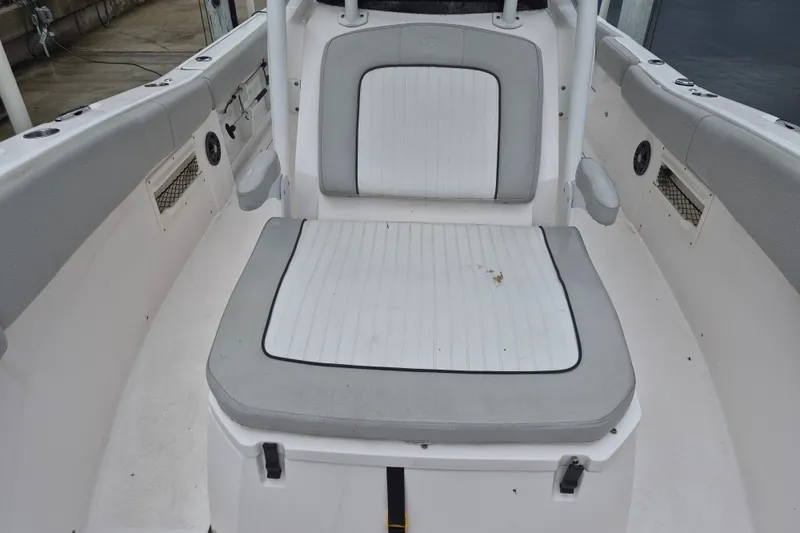 Slide: The Image of 2023 Sea Fox 268 Commander boat interior with cushioned seating and storage compartments. - 8