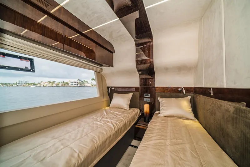 Slide: The Image of Luxurious twin cabin interior on 2020 Galeon 680 Fly yacht with waterfront view. - 25
