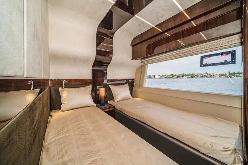 Slide: The Image of Luxurious twin cabin interior on 2020 Galeon 680 Fly yacht with waterfront view. - 24