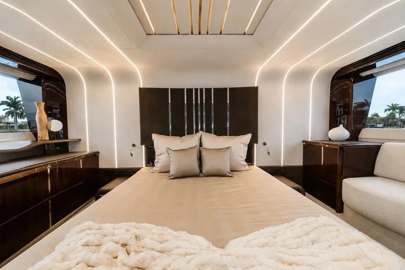 Slide: The Image of Luxurious bedroom interior of 2020 Galeon 680 Fly yacht with elegant decor and ambient lighting. - 20