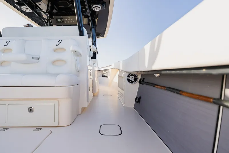 Slide: The Image of Luxurious 2023 Young 34 boat interior with white seating and sleek design. - 38