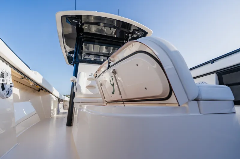 Slide: The Image of Modern Young 34 boat interior, sleek design, spacious deck, 2023 model. - 23