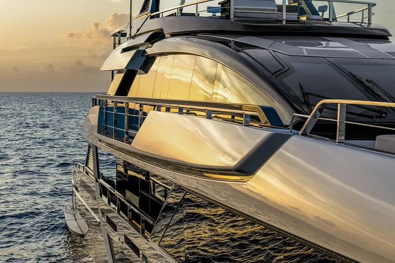 Slide: The Image of Luxurious 2023 Riva 130' Bellissima yacht reflecting sunset on the ocean. - 13