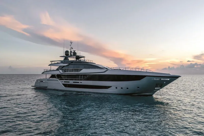 Slide: The Image of Luxury yacht Riva 130' Bellissima 2023 at sunset on the ocean. - 1