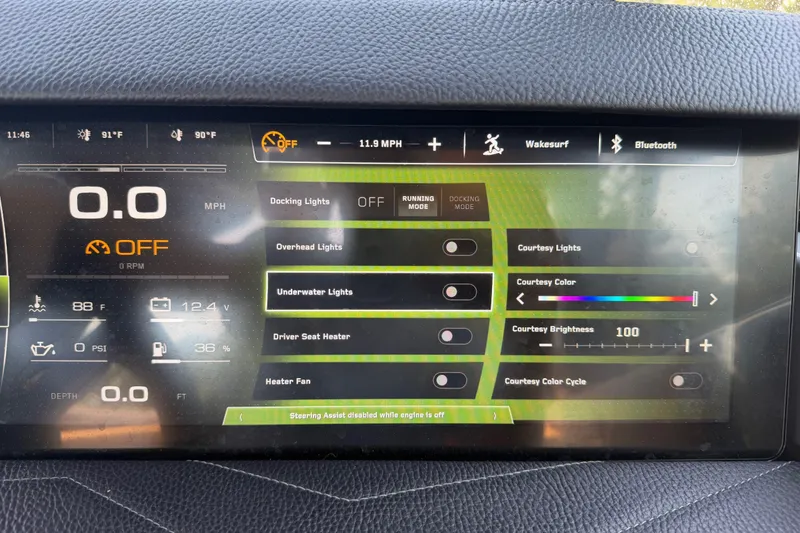 Slide: The Image of 2026 Nautique Super Air Nautique G25 dashboard displaying speed, lighting, and temperature controls. - 26