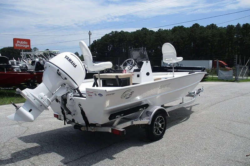 Slide: The Image of 2026 G3 Bay 17 boat with Yamaha motor on trailer, parked outdoors. - 7