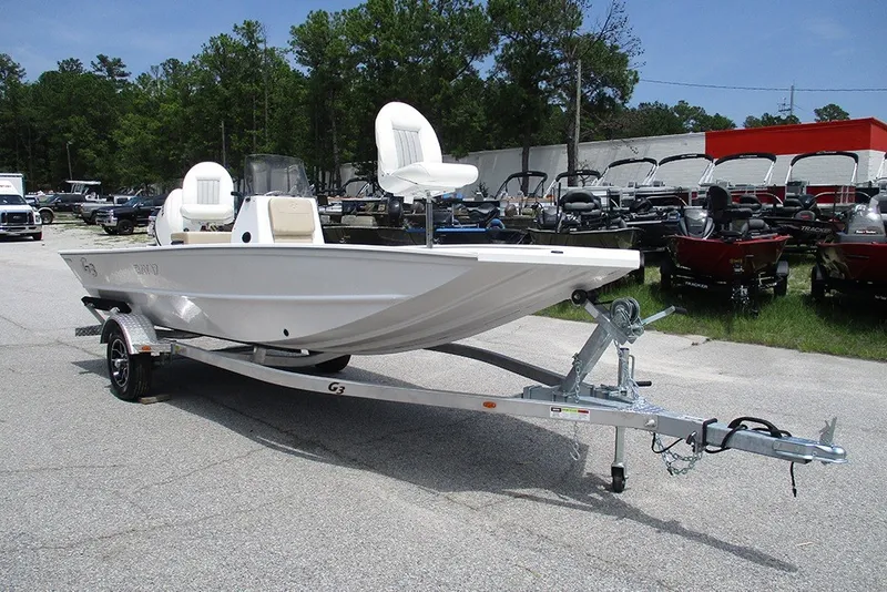Slide: The Image of 2026 G3 Bay 17 boat on trailer in outdoor dealership lot. - 5