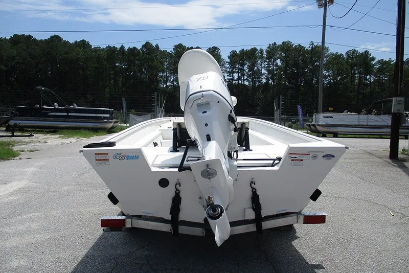 Slide: The Image of 2026 G3 Bay 17 boat on trailer, rear view with outboard motor. - 8