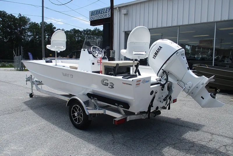 Slide: The Image of 2026 G3 Bay 17 boat with Yamaha motor at Berkeley Outdoors dealership. - 2