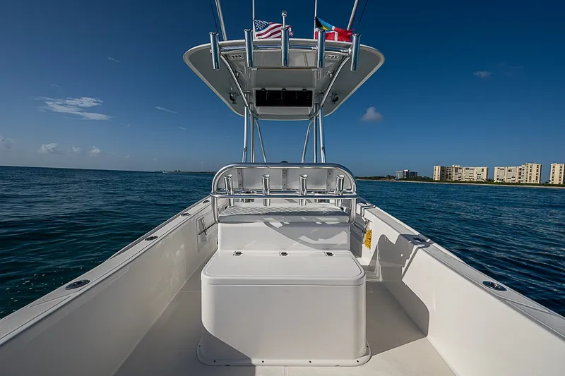 Slide: The Image of Ocean Master 296 boat, 2019 model, cruising on calm blue waters under clear skies. - 14
