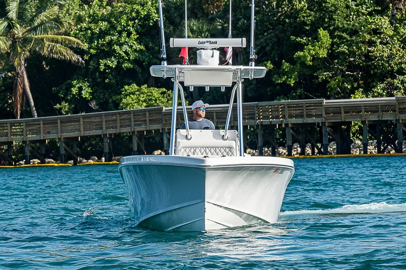 Slide: The Image of Ocean Master 296 boat cruising near a wooden pier, surrounded by lush greenery. - 3