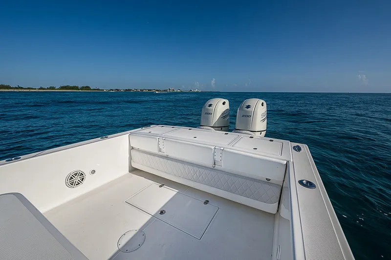 Slide: The Image of Ocean Master 296 boat, 2019 model, with dual engines on open sea. - 15
