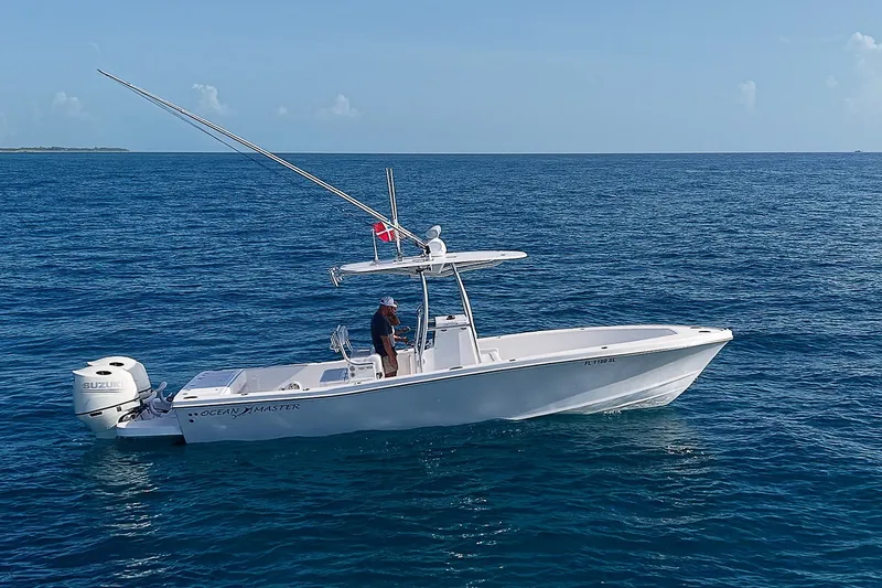 Slide: The Image of 2019 Ocean Master 296 boat on open sea with clear blue skies. - 2
