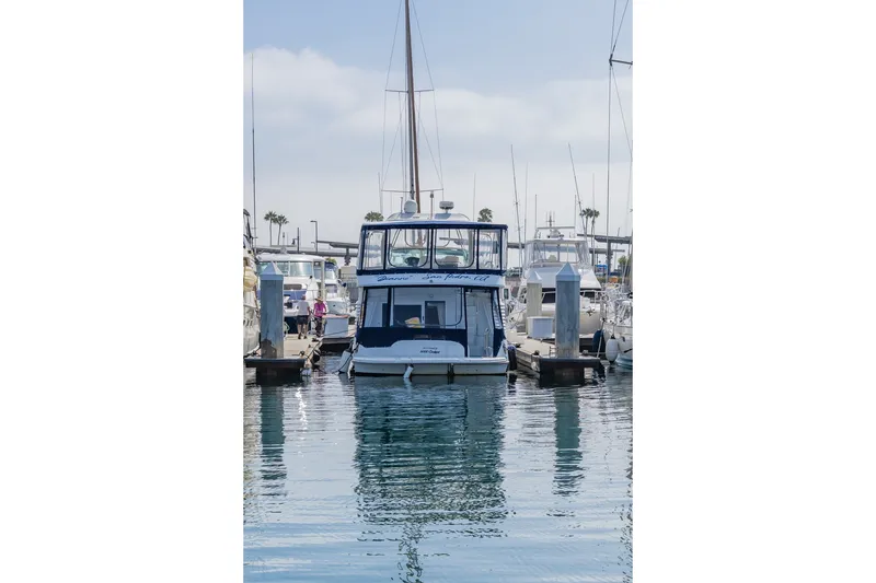 Slide: The Image of 2003 Bluewater Yachts Custom 6000 docked in a marina, surrounded by other boats. - 25