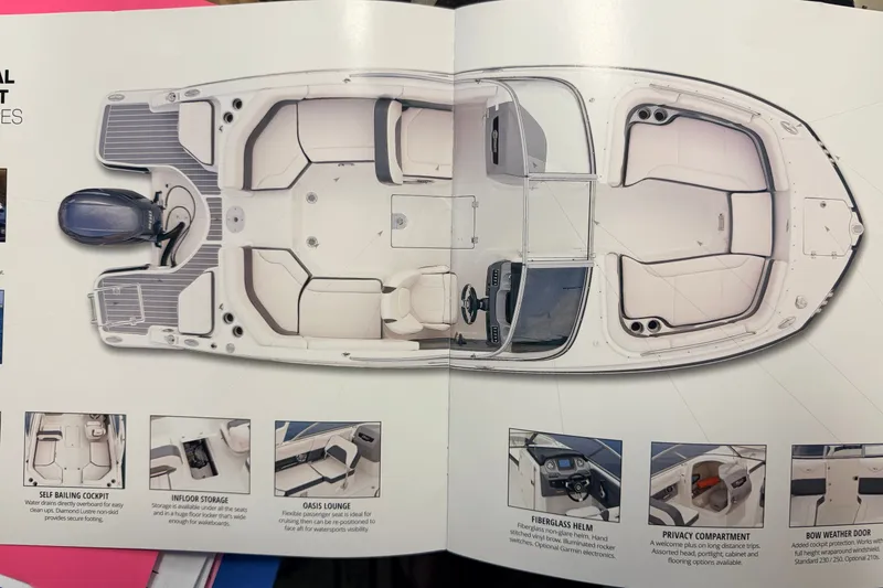 Slide: The Image of Top view of 2016 Chaparral 250 Suncoast boat layout with labeled features. - 13