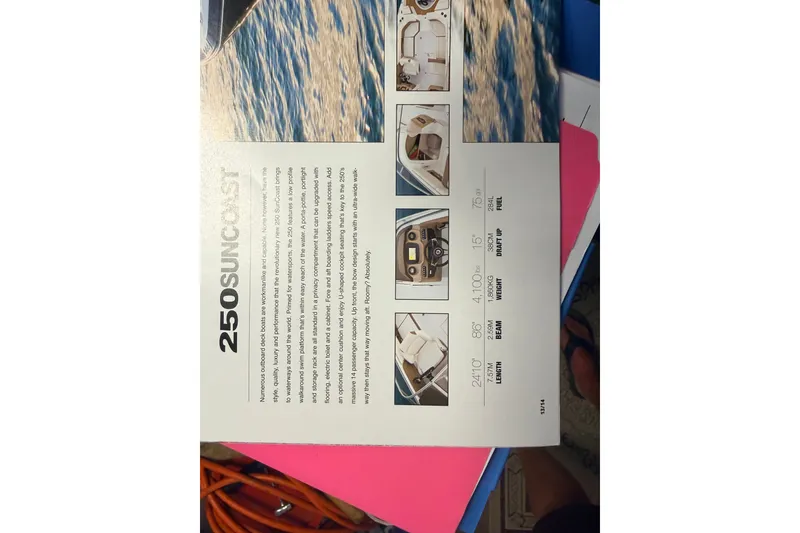Slide: The Image of 2016 Chaparral 250 Suncoast brochure with specifications and interior images. - 46