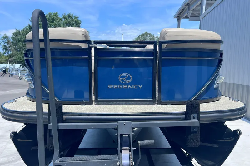 Slide: The Image of 2020 Regency 250 DL3 pontoon boat on trailer, blue exterior, parked outdoors. - 3